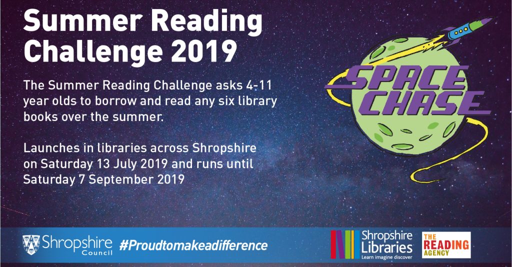 An image of Space Chase artwork. Space Chase is the theme of the 2019 Summer Reading Challenge run by the Reading Agency. Shropshire Libraries are encouraging primary school children to take part in Space Chase this summer. 